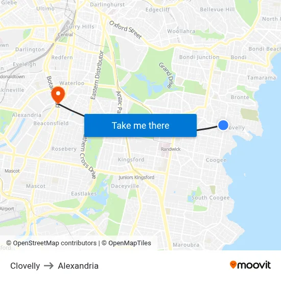 Clovelly to Alexandria map