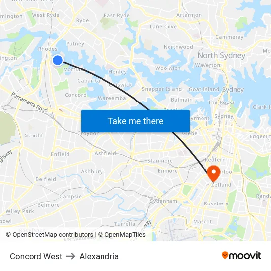 Concord West to Alexandria map