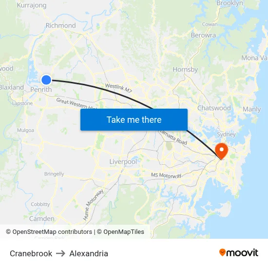 Cranebrook to Alexandria map