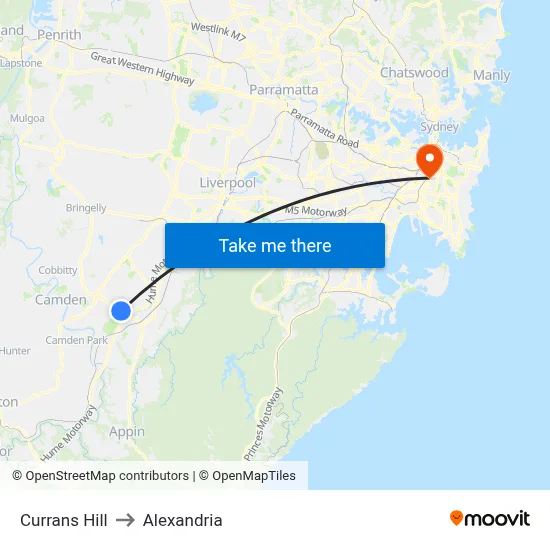 Currans Hill to Alexandria map