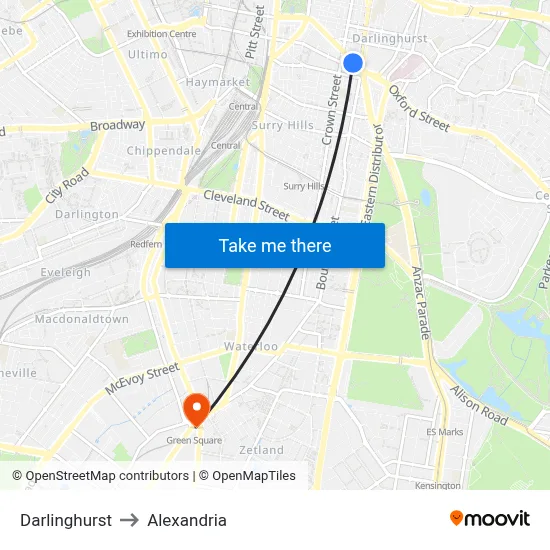 Darlinghurst to Alexandria map