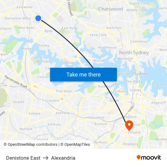 Denistone East to Alexandria map