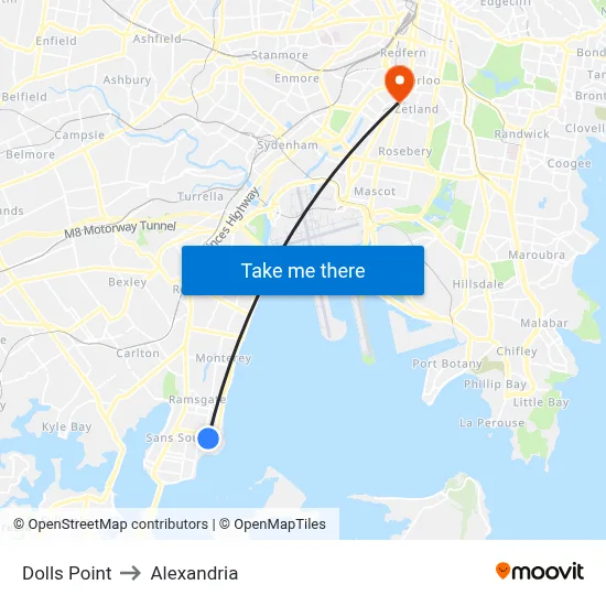Dolls Point to Alexandria map