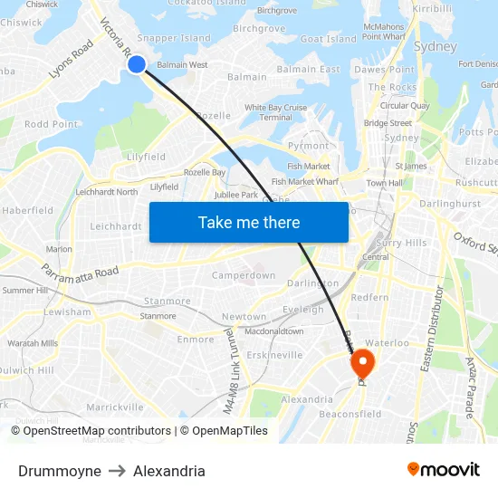 Drummoyne to Alexandria map