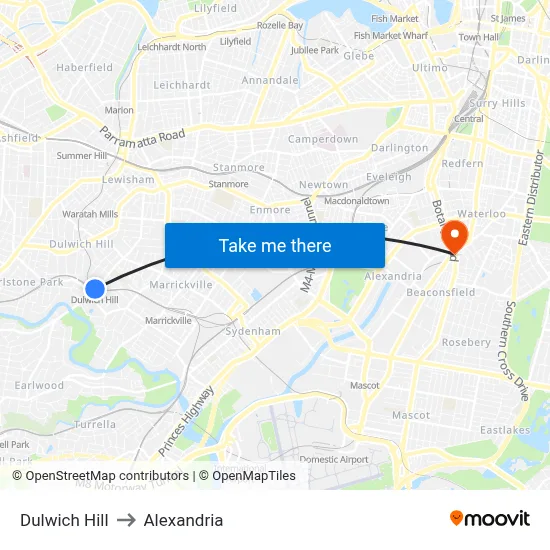 Dulwich Hill to Alexandria map