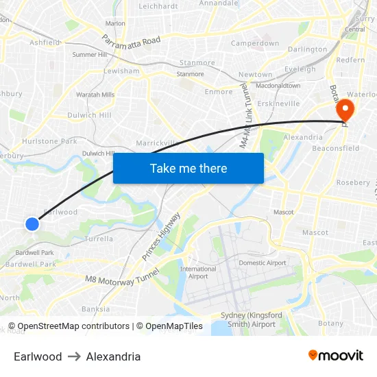 Earlwood to Alexandria map