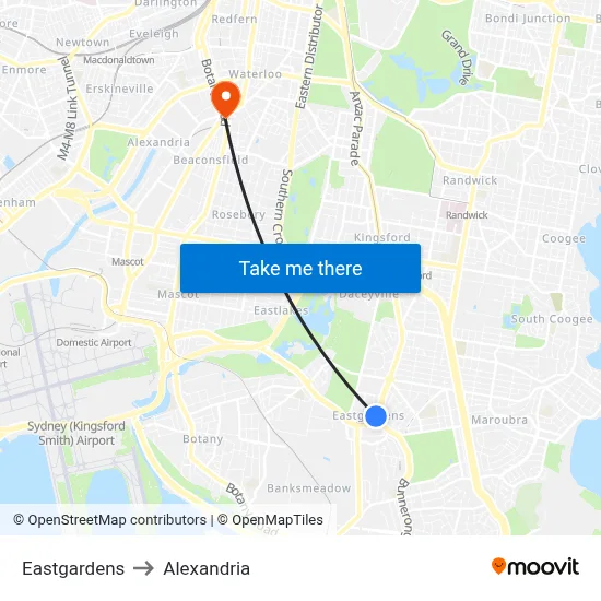 Eastgardens to Alexandria map