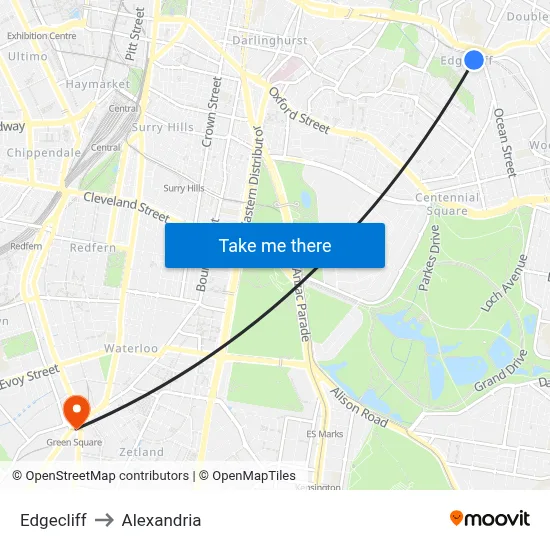 Edgecliff to Alexandria map