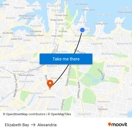 Elizabeth Bay to Alexandria map