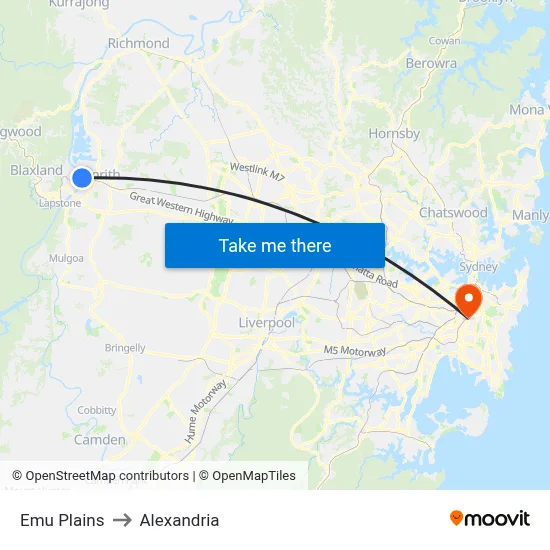 Emu Plains to Alexandria map