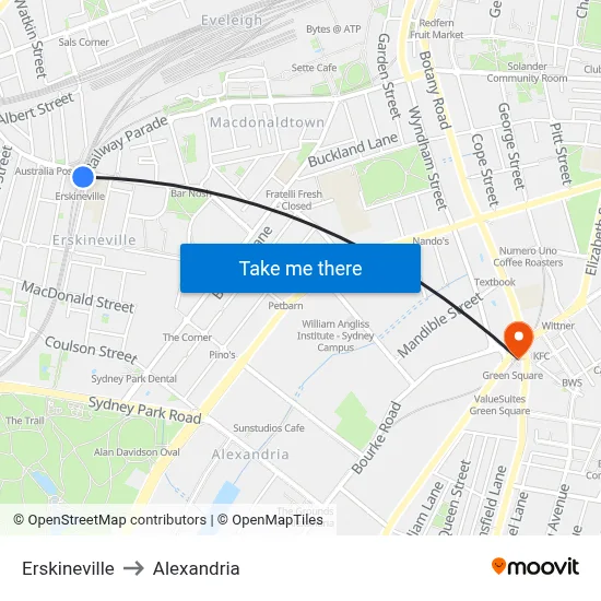 Erskineville to Alexandria map