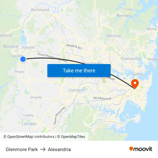 Glenmore Park to Alexandria map