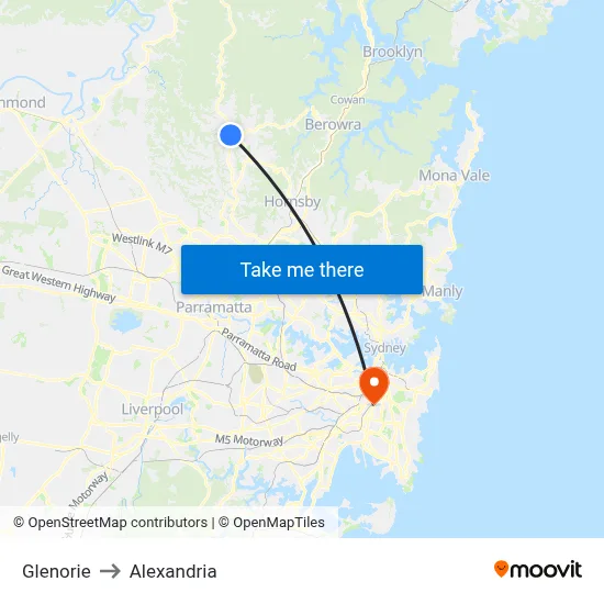 Glenorie to Alexandria map