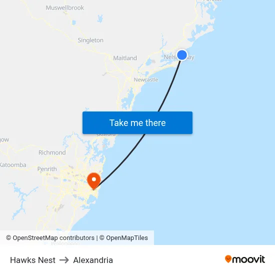 Hawks Nest to Alexandria map