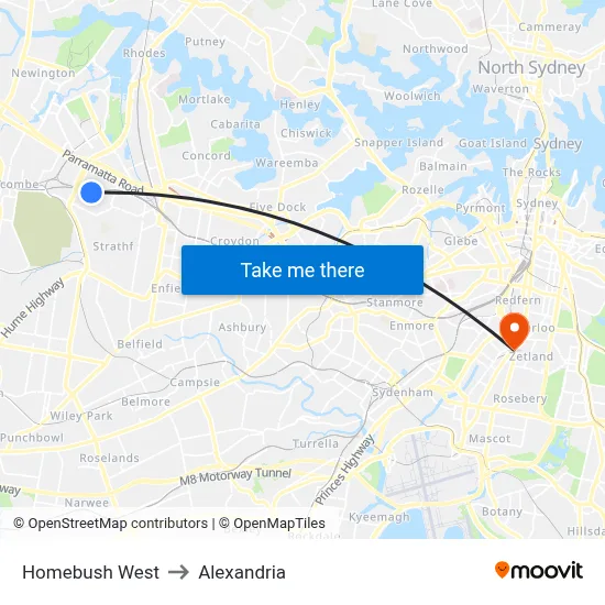 Homebush West to Alexandria map