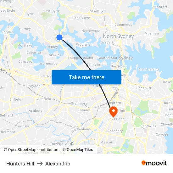 Hunters Hill to Alexandria map