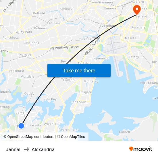 Jannali to Alexandria map