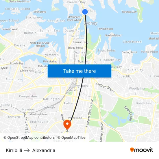Kirribilli to Alexandria map