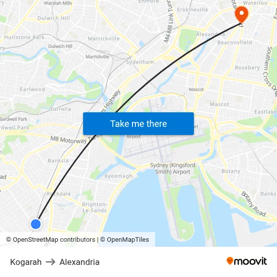 Kogarah to Alexandria map