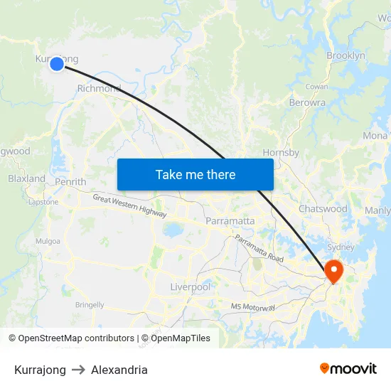 Kurrajong to Alexandria map