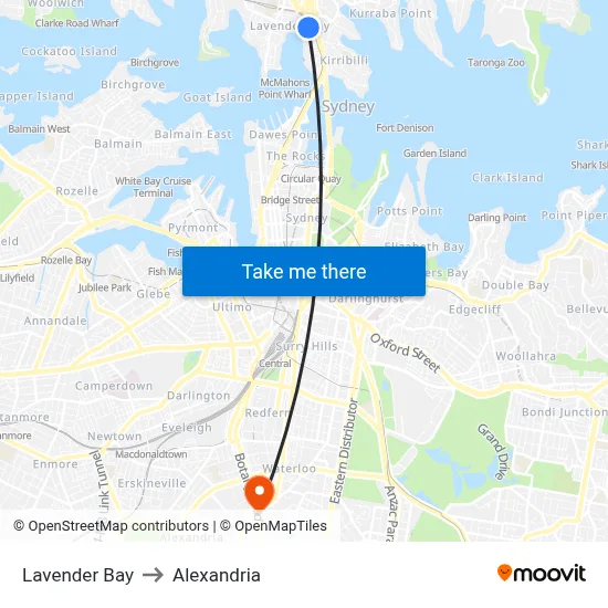 Lavender Bay to Alexandria map