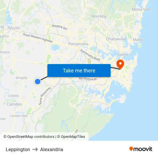 Leppington to Alexandria map