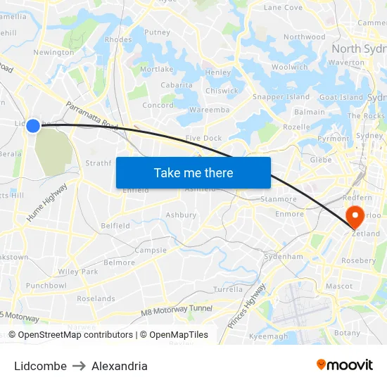Lidcombe to Alexandria map