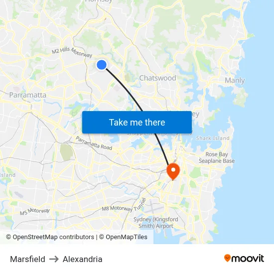 Marsfield to Alexandria map