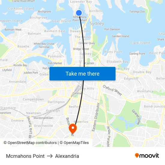 Mcmahons Point to Alexandria map