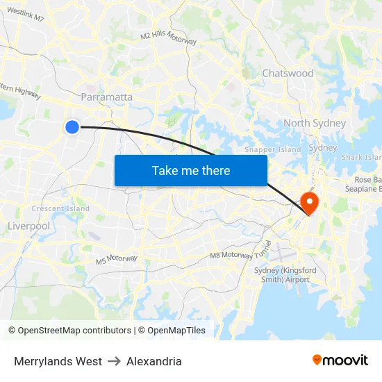 Merrylands West to Alexandria map