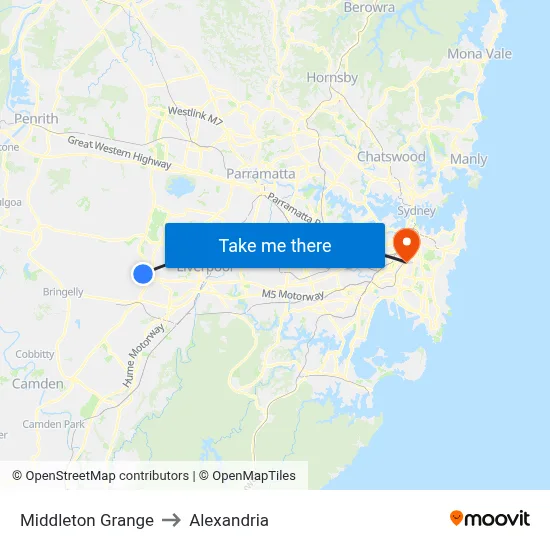 Middleton Grange to Alexandria map