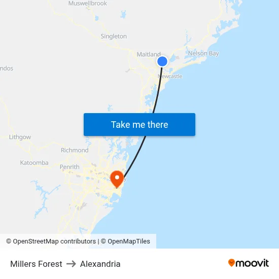 Millers Forest to Alexandria map