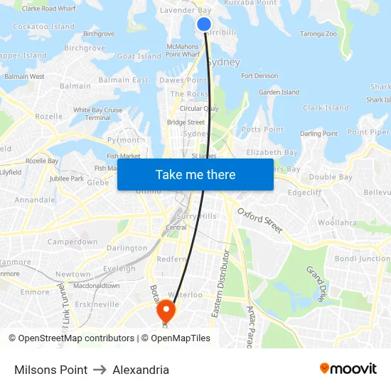 Milsons Point to Alexandria map