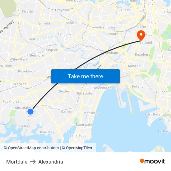 Mortdale to Alexandria map