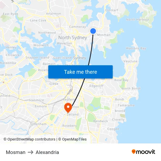 Mosman to Alexandria map