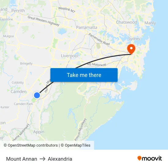 Mount Annan to Alexandria map