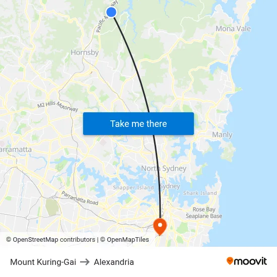 Mount Kuring-Gai to Alexandria map