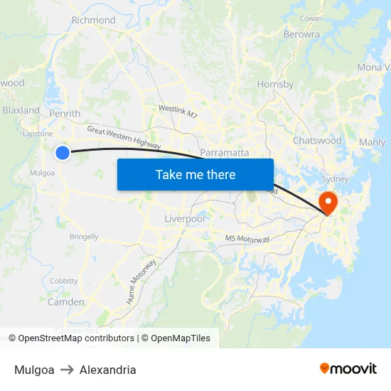 Mulgoa to Alexandria map