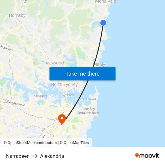 Narrabeen to Alexandria map
