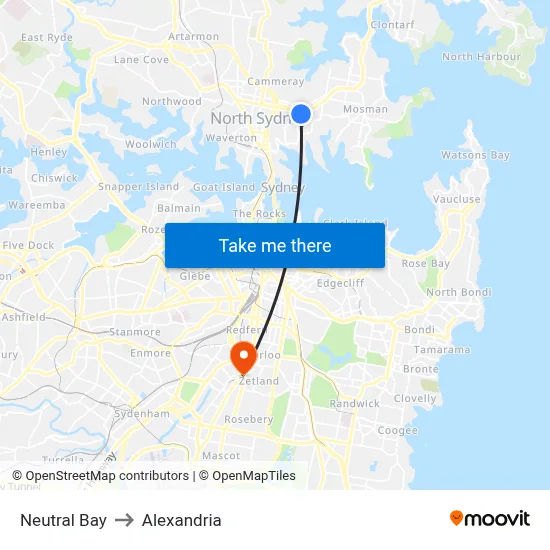 Neutral Bay to Alexandria map