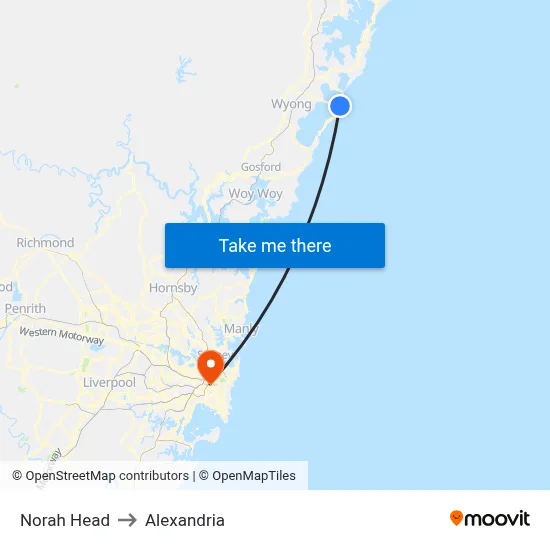 Norah Head to Alexandria map