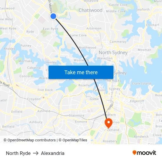 North Ryde to Alexandria map