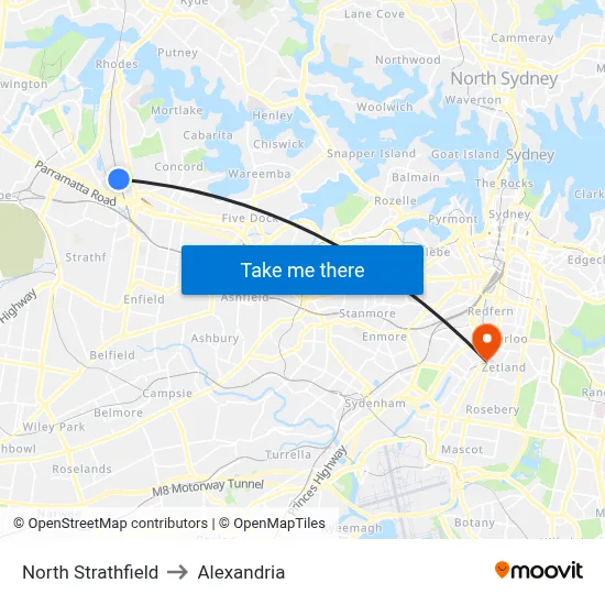 North Strathfield to Alexandria map
