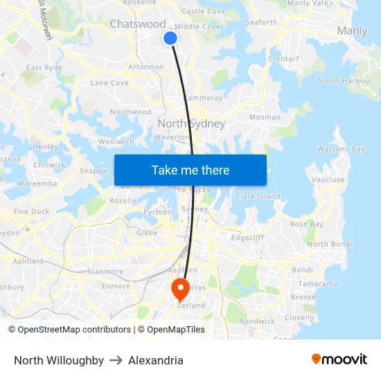 North Willoughby to Alexandria map