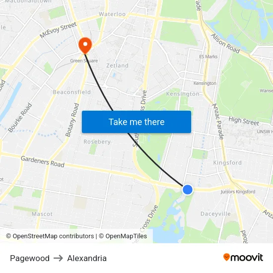 Pagewood to Alexandria map