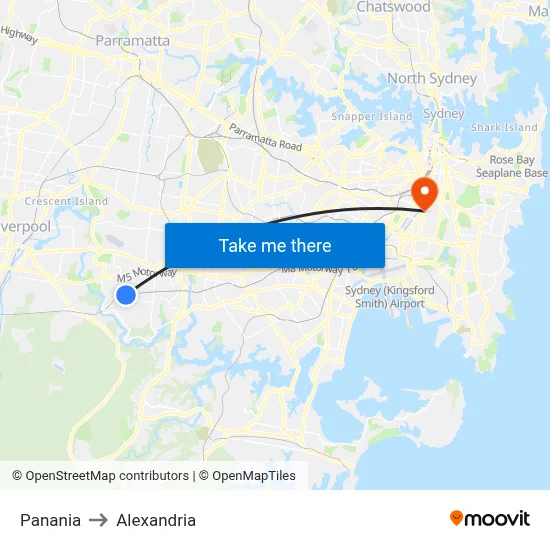 Panania to Alexandria map