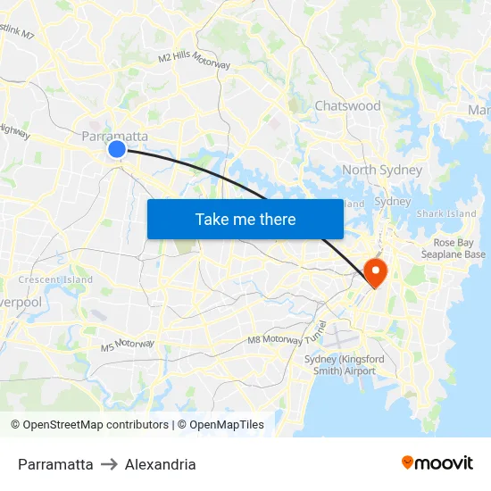 Parramatta to Alexandria map