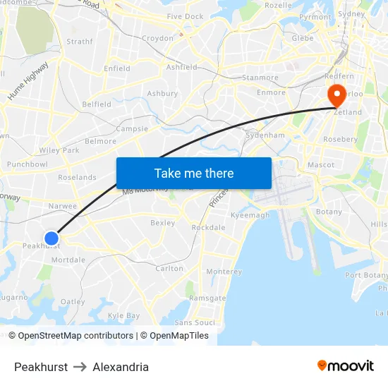 Peakhurst to Alexandria map