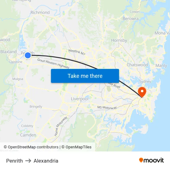 Penrith to Alexandria map
