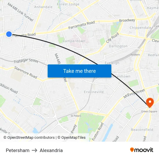 Petersham to Alexandria map